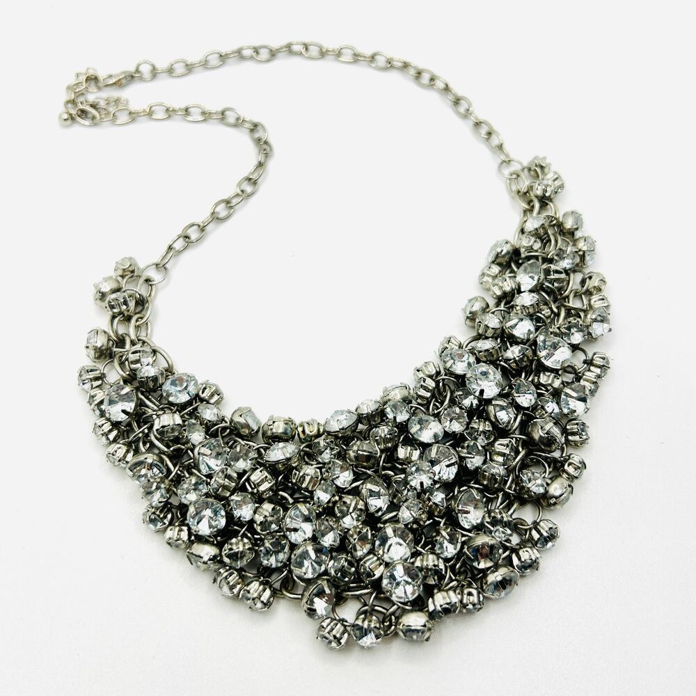 Y2k Silver White Rhinestone Crystal Chain Link Bib Glam Bling Costume Necklace